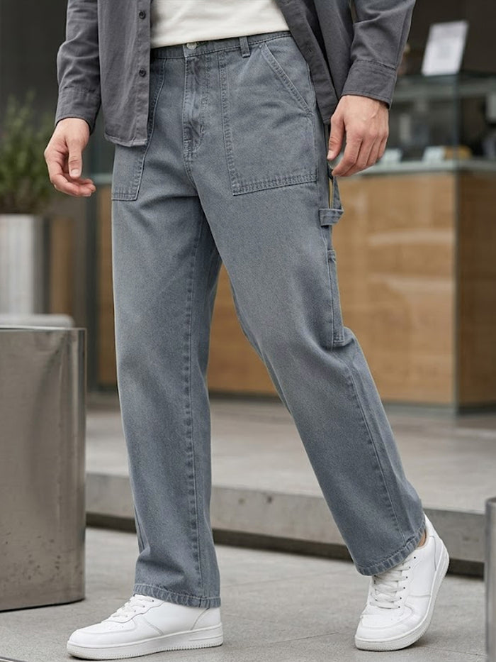 Men's Light Grey Loose Fit Cargo Carpenter Jeans With 6 Pockets Non-Stretchable