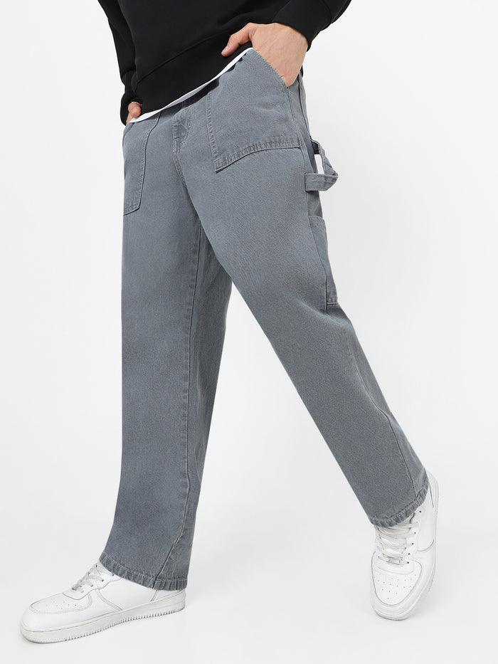 Men's Light Grey Loose Fit Cargo Carpenter Jeans With 6 Pockets Non-Stretchable