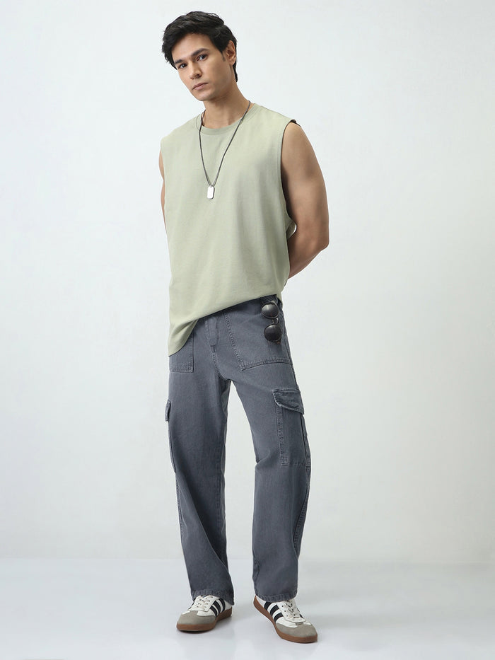 Men's Light Grey Loose Fit Cargo Jeans with 6 Pockets Non-Stretchable