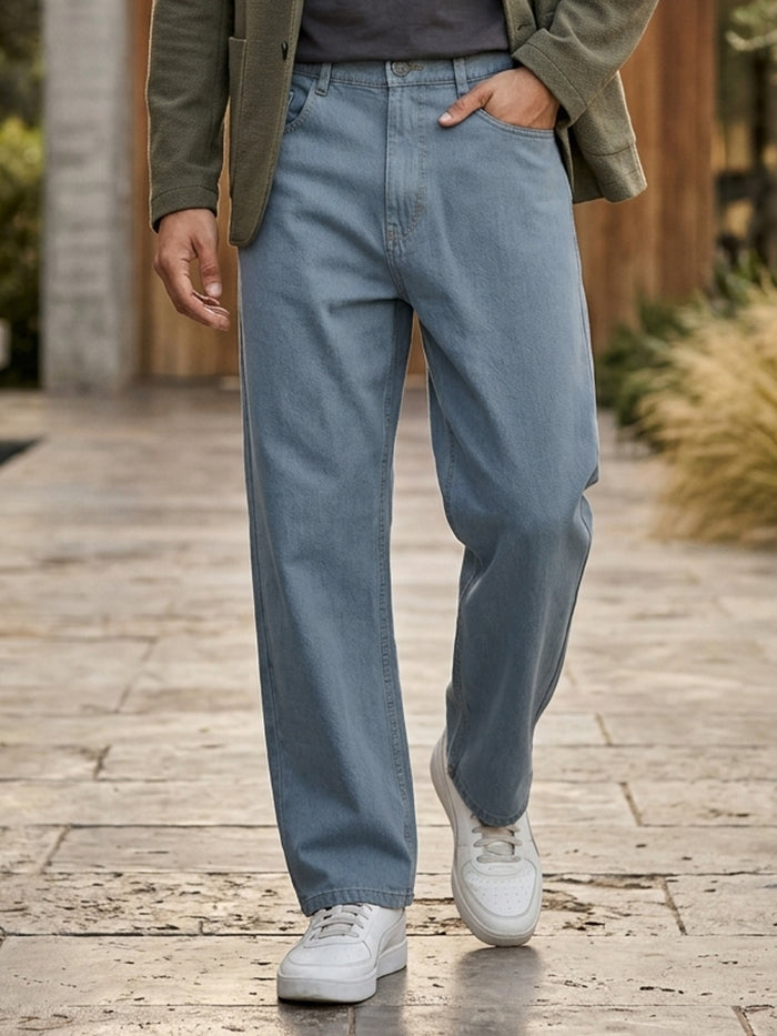 Men's Light Grey Loose Fit Washed Jeans Non-Stretchable