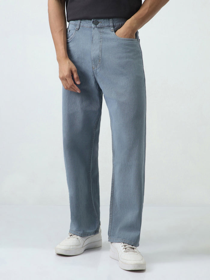 Men's Light Grey Loose Fit Washed Jeans Non-Stretchable