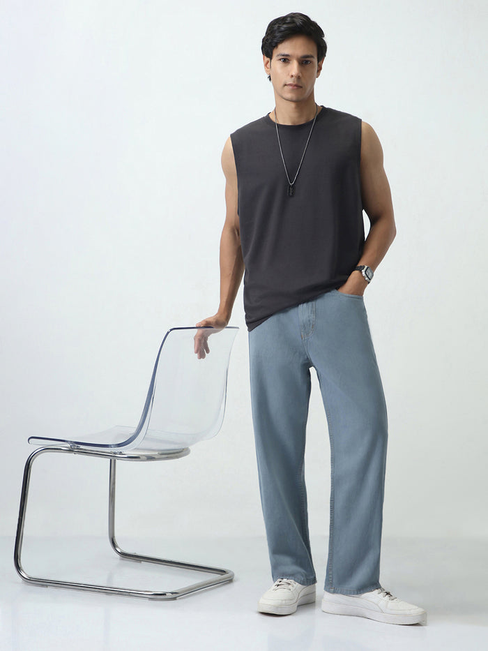 Men's Light Grey Loose Fit Washed Jeans Non-Stretchable