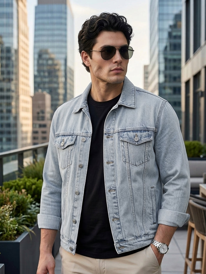 Men's Light Grey Regular Fit Washed Full Sleeve Denim Jacket
