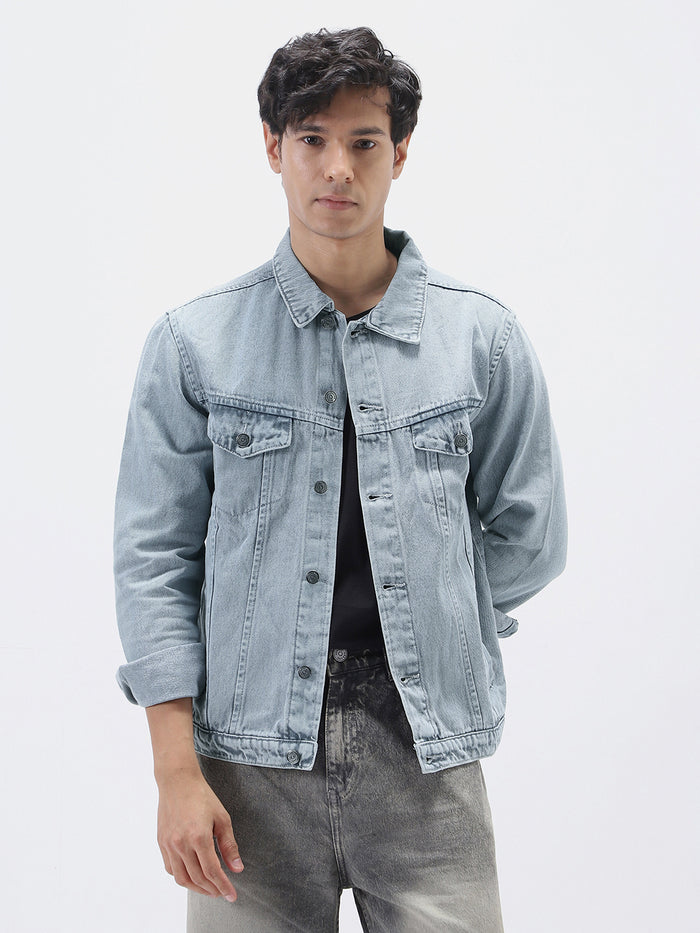 Men's Light Grey Regular Fit Washed Full Sleeve Denim Jacket