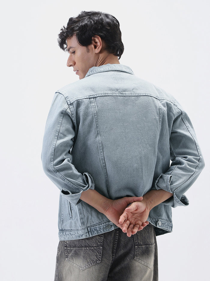 Men's Light Grey Regular Fit Washed Full Sleeve Denim Jacket