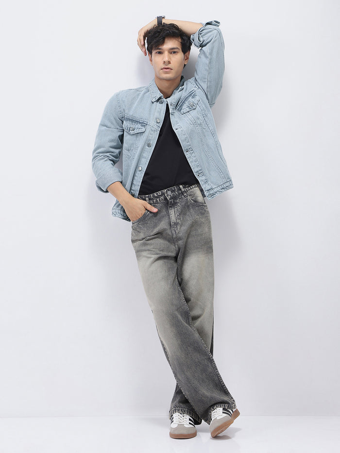 Men's Light Grey Regular Fit Washed Full Sleeve Denim Jacket