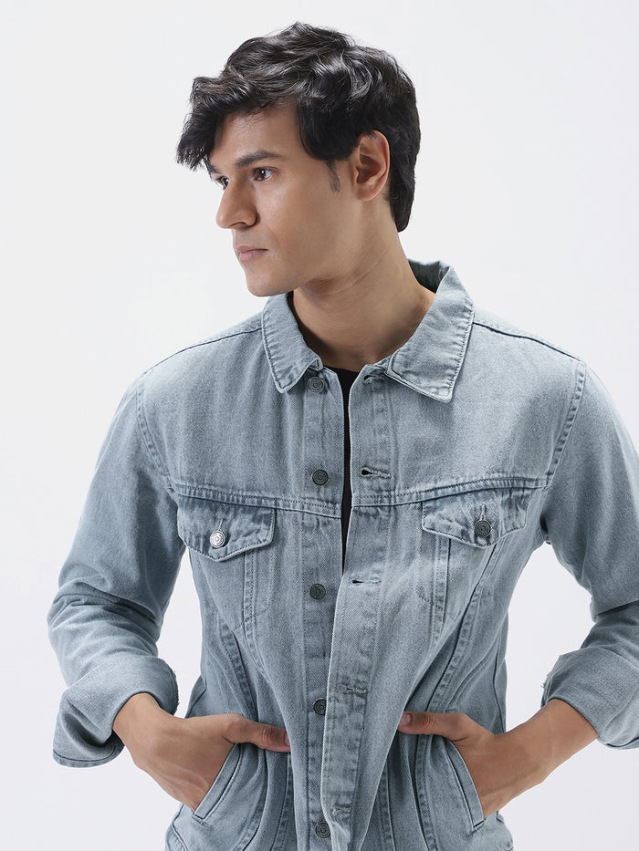 Men's Light Grey Regular Fit Washed Full Sleeve Denim Jacket