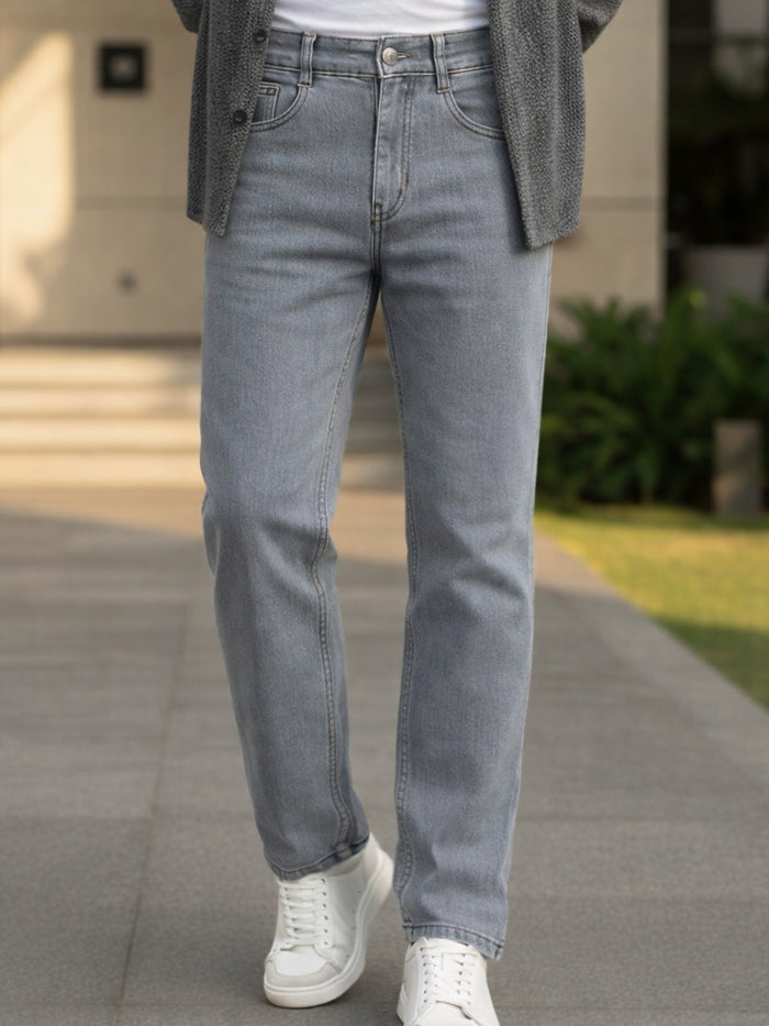 Men's Light Grey Regular Fit Washed Jeans Stretchable