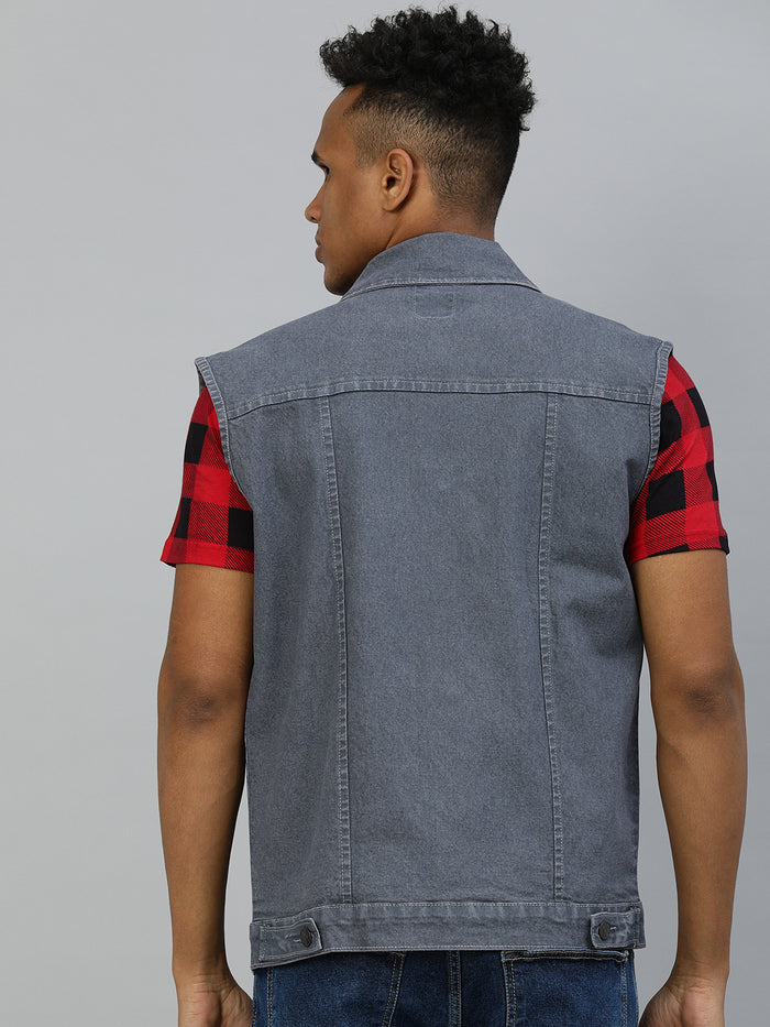 Men's Light Grey Regular Fit Washed Sleeveless Denim Jacket