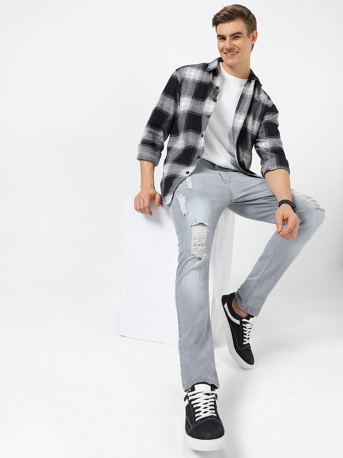 Men's Light Grey Slim Fit Heavy Distressed/Torn Jeans