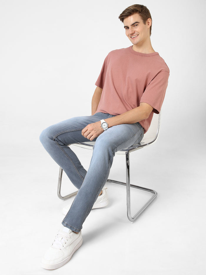 Men's Light Grey Slim Fit Washed Jeans Stretchable