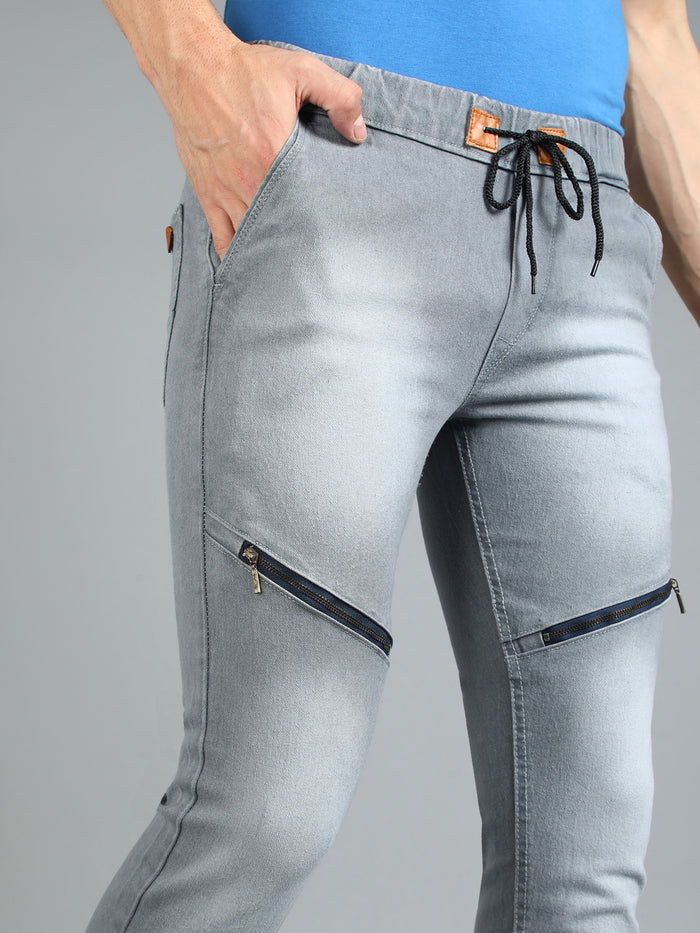 Men's Light Grey Slim Fit Zippered Jogger Jeans Stretchable