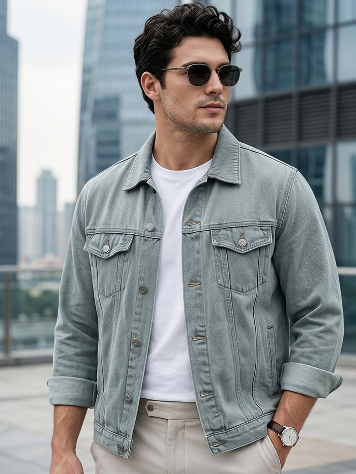 Men's Light Grey Solid Regular Fit Washed Full Sleeve Denim Jacket