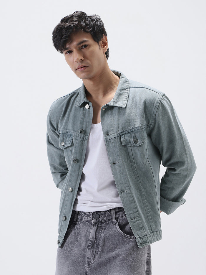 Men's Light Grey Solid Regular Fit Washed Full Sleeve Denim Jacket