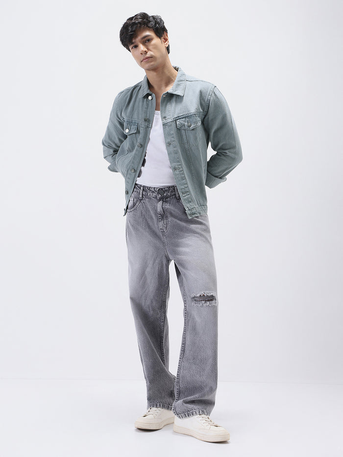 Men's Light Grey Solid Regular Fit Washed Full Sleeve Denim Jacket