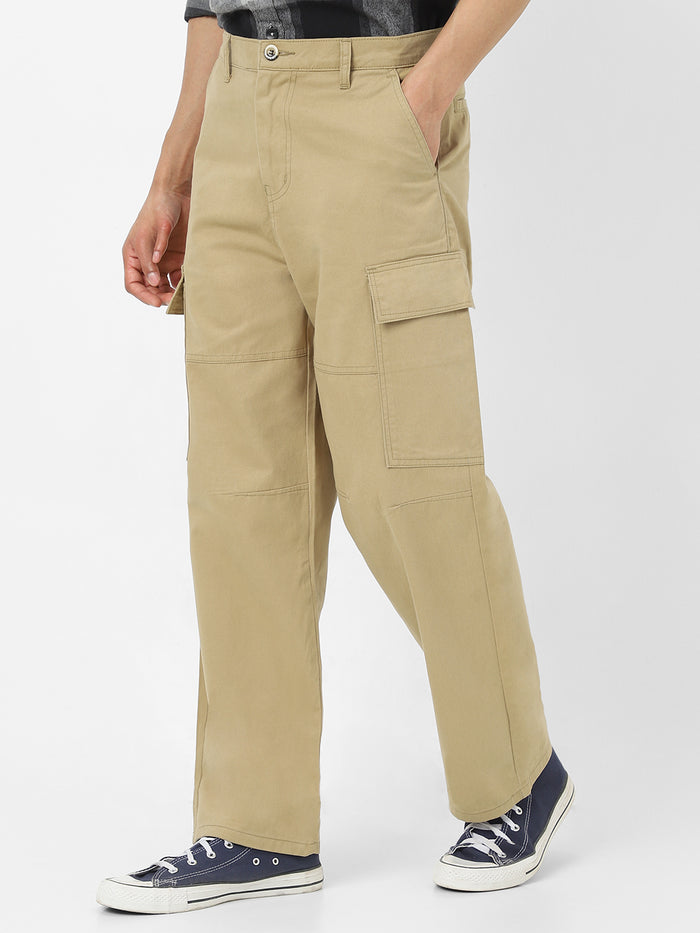 Men's Light Olive Loose Baggy Fit Solid Cargo Chino Pant with 6 Pockets Non-Stretchable