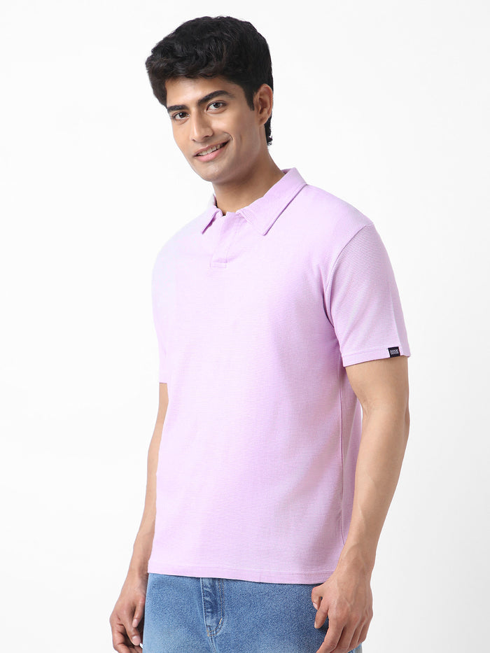 Men's Lilac Textured Regular Fit Half Sleeve Cotton Polo T-Shirt
