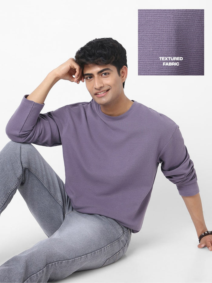 Men's Lilac Textured Round Neck Oversized Full Sleeve Cotton T-Shirt