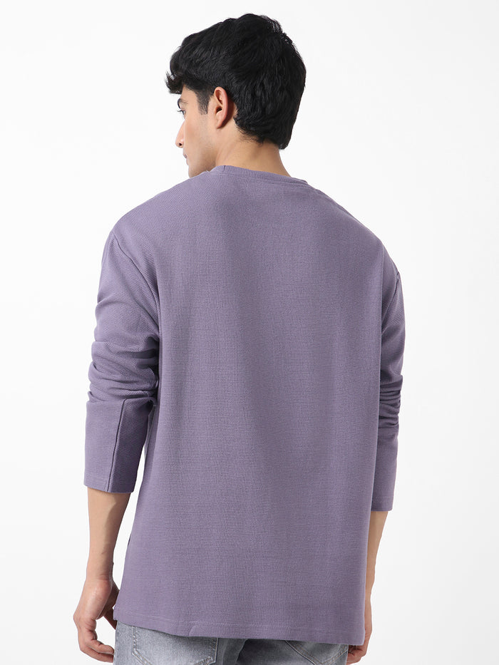 Men's Lilac Textured Round Neck Oversized Full Sleeve Cotton T-Shirt