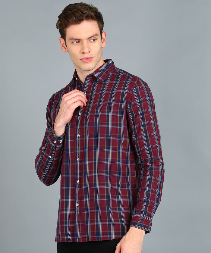 Men's Maroon, Blue Cotton Full Sleeve Slim Fit Casual Checkered Shirt