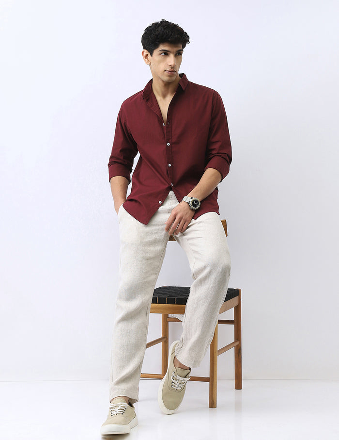 Men's Maroon Cotton Full Sleeve Regular Fit Casual Solid Shirt
