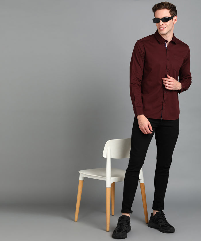 Men's Maroon Cotton Full Sleeve Slim Fit Casual Solid Shirt