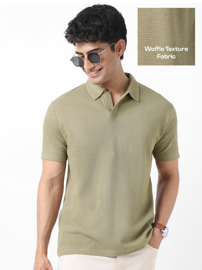 Men's Matcha Green Textured Regular Fit Half Sleeve Cotton Polo T-Shirt