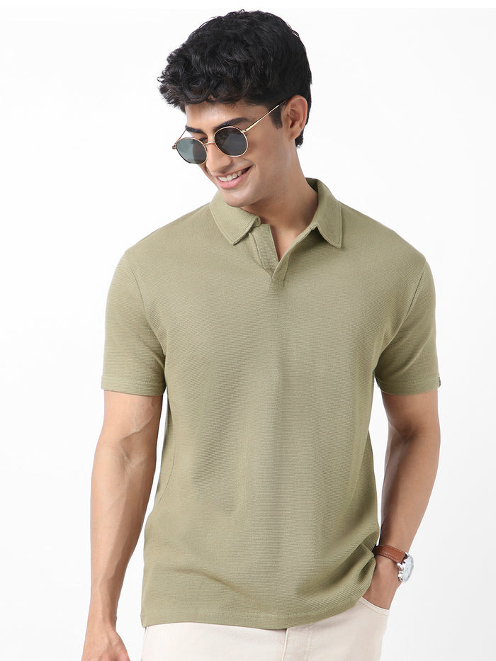 Men's Matcha Green Textured Regular Fit Half Sleeve Cotton Polo T-Shirt