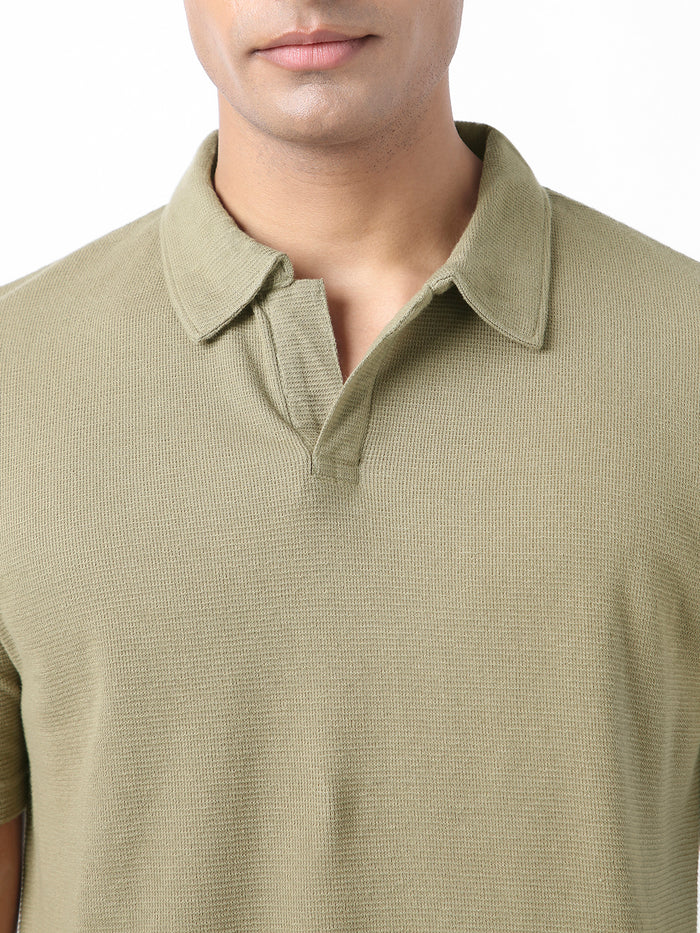 Men's Matcha Green Textured Regular Fit Half Sleeve Cotton Polo T-Shirt