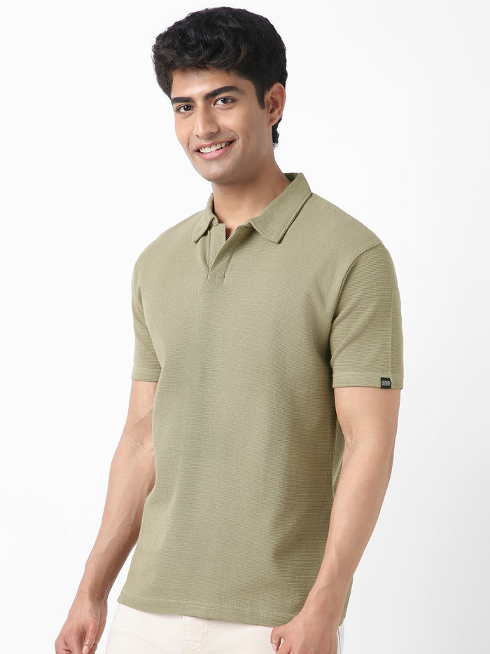 Men's Matcha Green Textured Regular Fit Half Sleeve Cotton Polo T-Shirt