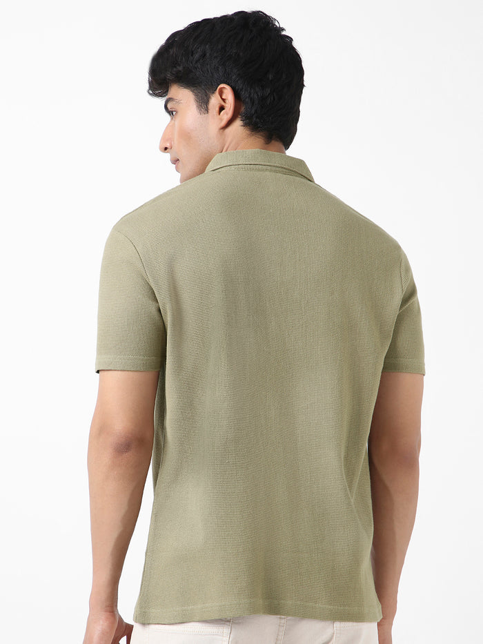 Men's Matcha Green Textured Regular Fit Half Sleeve Cotton Polo T-Shirt