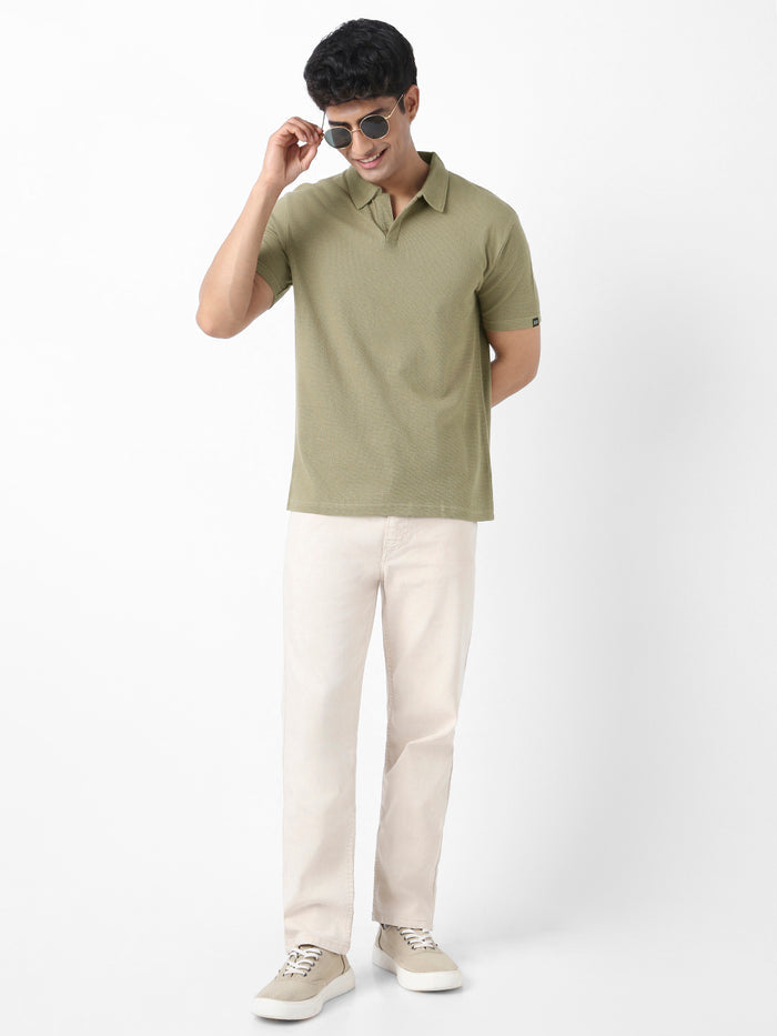 Men's Matcha Green Textured Regular Fit Half Sleeve Cotton Polo T-Shirt