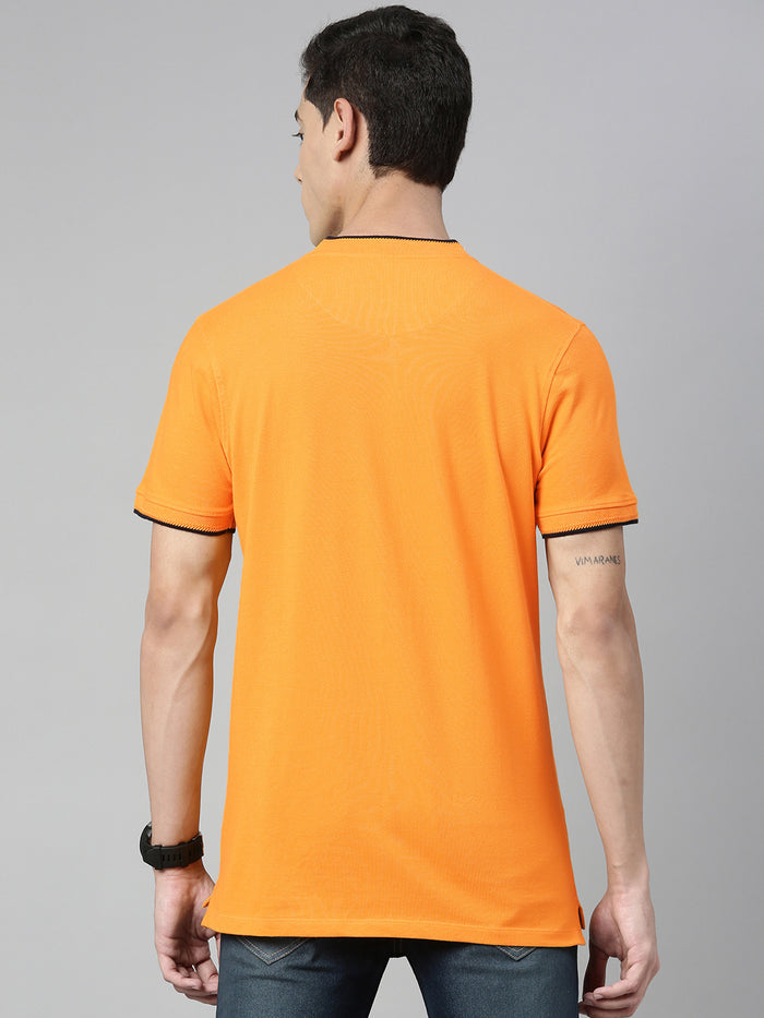 Men's Mustard Solid Mandarin Collar Slim Fit Cotton Polo T-Shirt