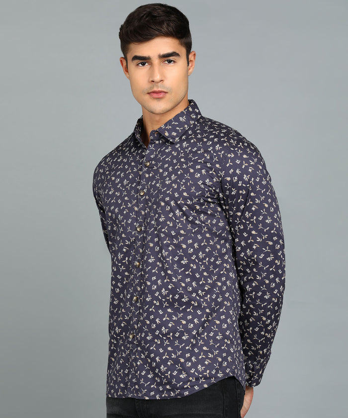 Men's Navy Blue Cotton Full Sleeve Slim Fit Casual Printed Shirt