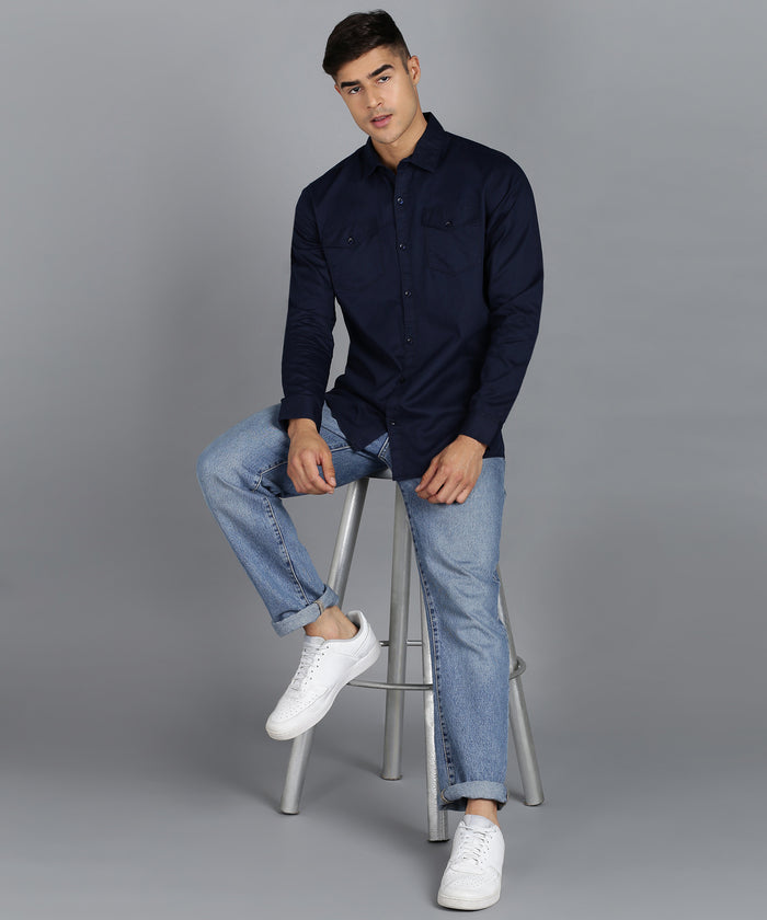 Men's Navy Blue Cotton Full Sleeve Slim Fit Casual Solid Shirt