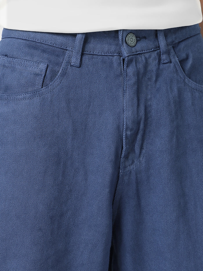 Men's Navy Blue Loose Baggy Fit Washed Jeans Non-Stretchable