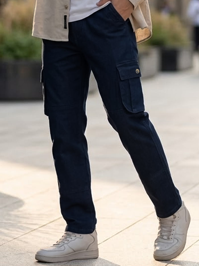 Men's Navy Blue Regular Fit Solid Cargo Chino Pant with 6 Pockets