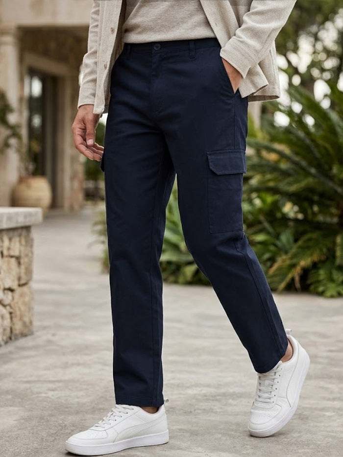 Men's Navy Blue Regular Fit Solid Cargo Chino Pant With 6 Pockets
