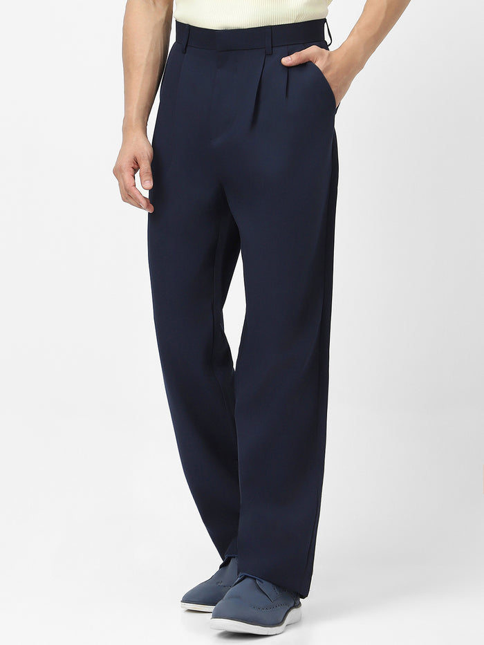 Men's Navy Loose Baggy Fit Solid Korean Pants Stretchable