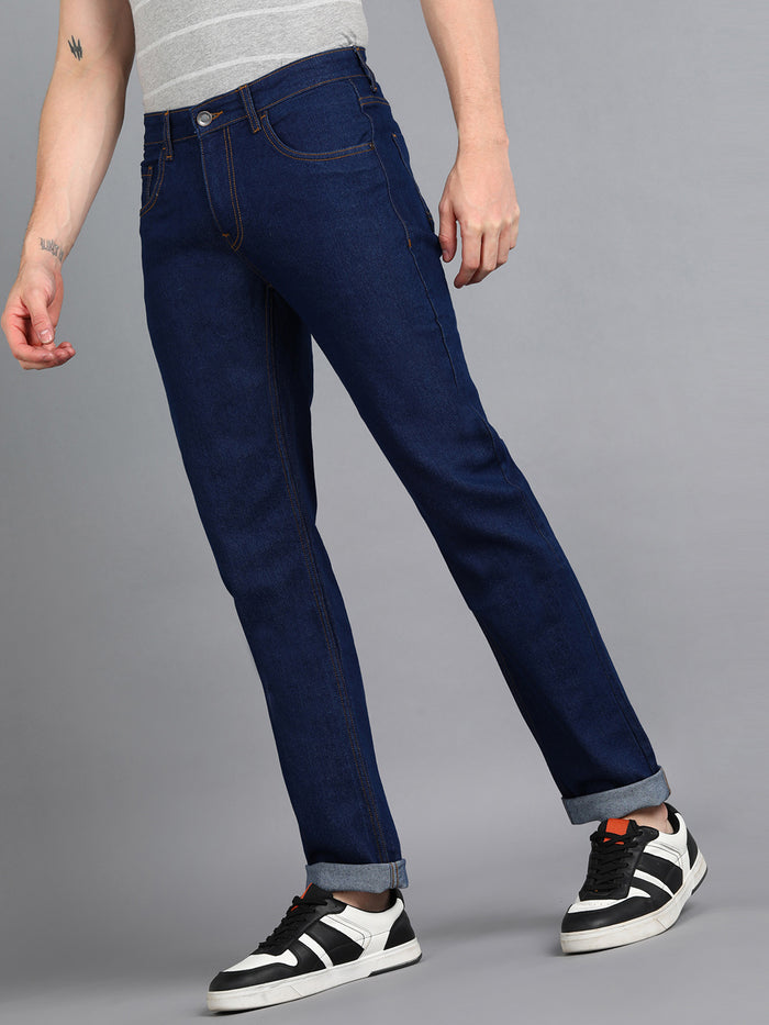 Men's Navy Regular Fit Washed Jeans Stretchable