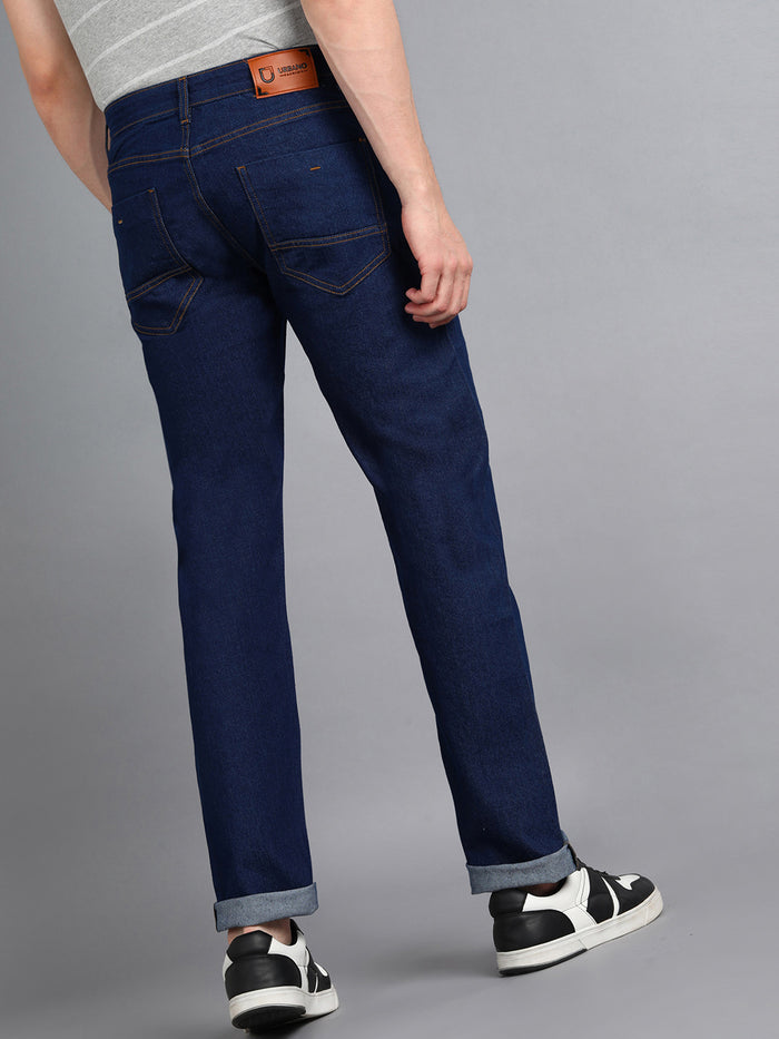 Men's Navy Regular Fit Washed Jeans Stretchable