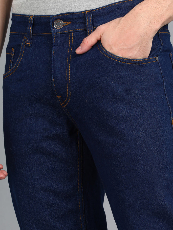 Men's Navy Regular Fit Washed Jeans Stretchable