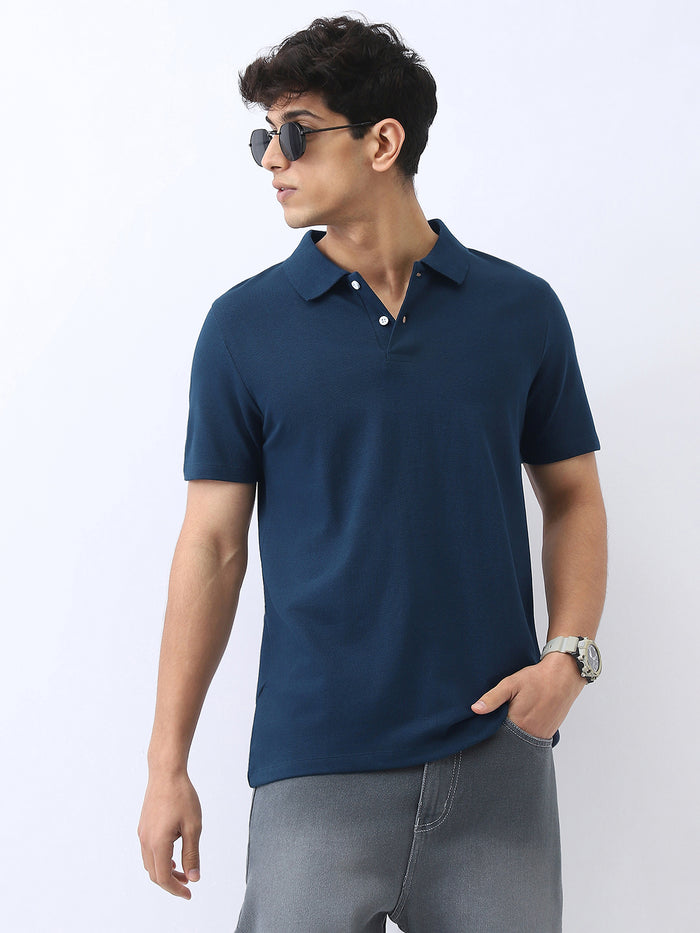 Men's Navy Solid Regular Fit Half Sleeve Cotton Polo T-Shirt