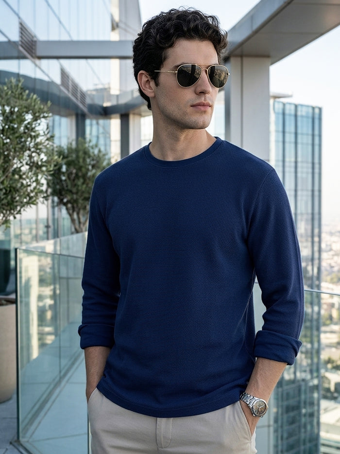 Men's Navy Textured Round Neck Oversized Full Sleeve Cotton T-Shirt
