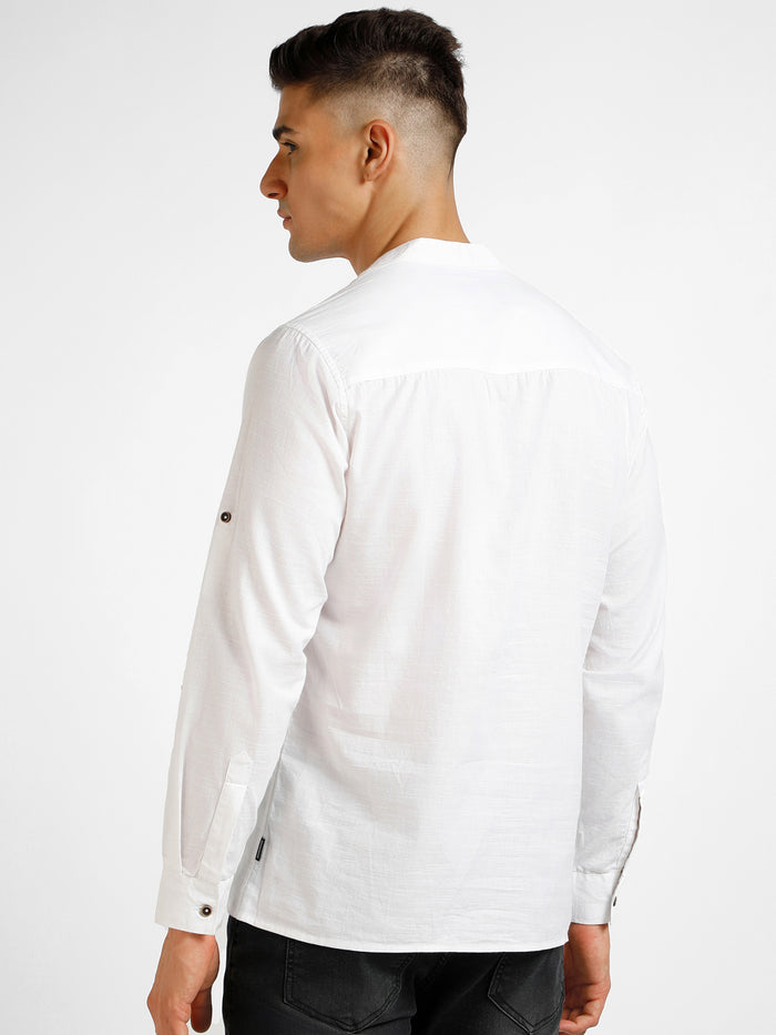 Men's Off White Cotton Full Sleeve Slim Fit Casual Solid Shirt