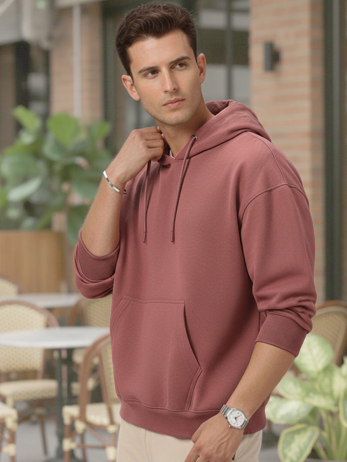 Men's Old Rose Cotton Solid Oversized Hooded Neck Sweatshirt