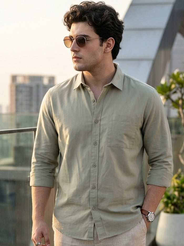 Men's Olive Cotton Full Sleeve Regular Fit Casual Solid Shirt