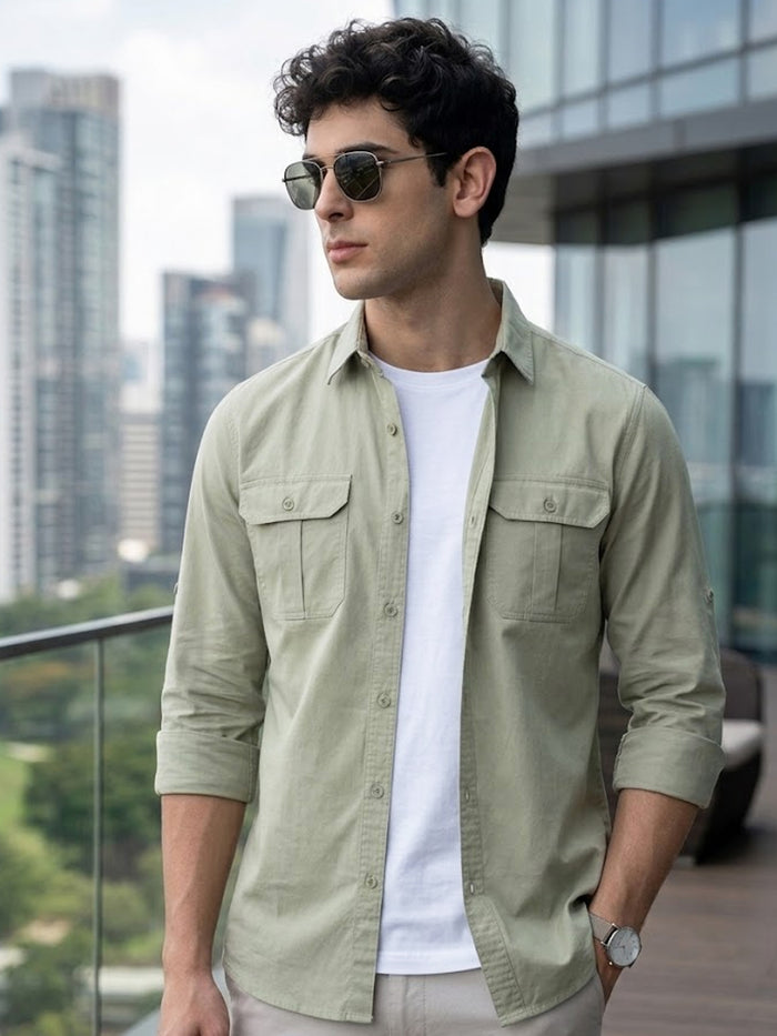 Men's Olive Cotton Full Sleeve Regular Fit Casual Solid Shirt
