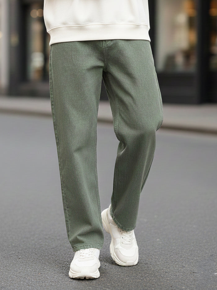 Men's Olive Green Loose Fit Washed Jeans Non-Stretchable