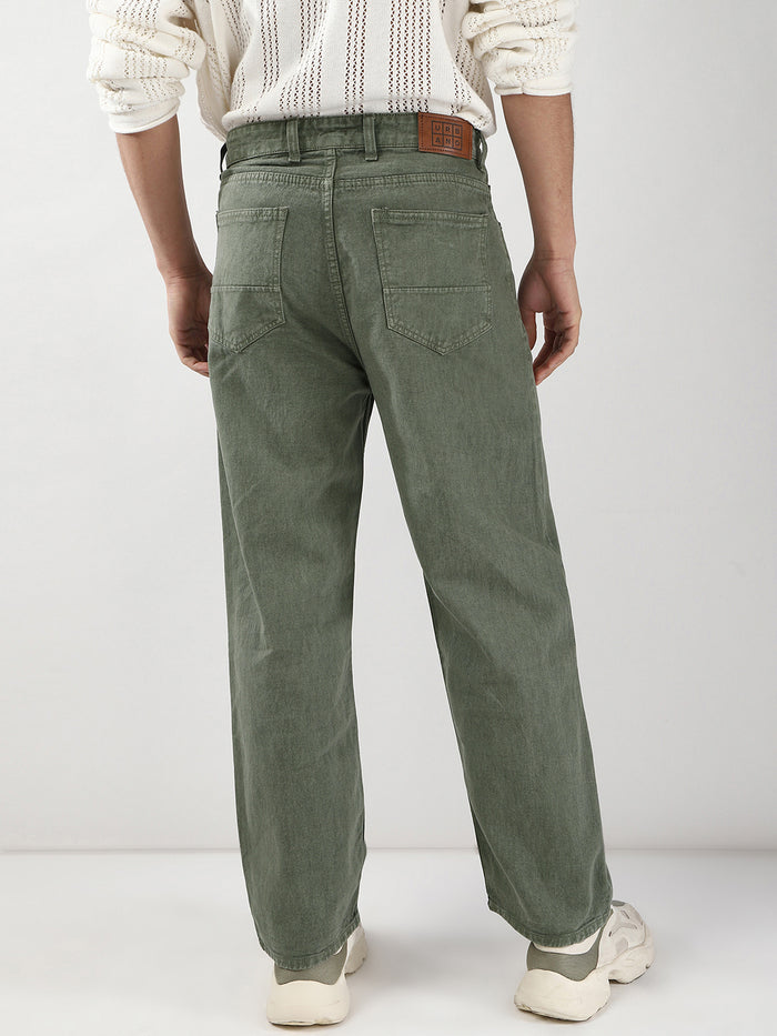 Men's Olive Green Loose Fit Washed Jeans Non-Stretchable